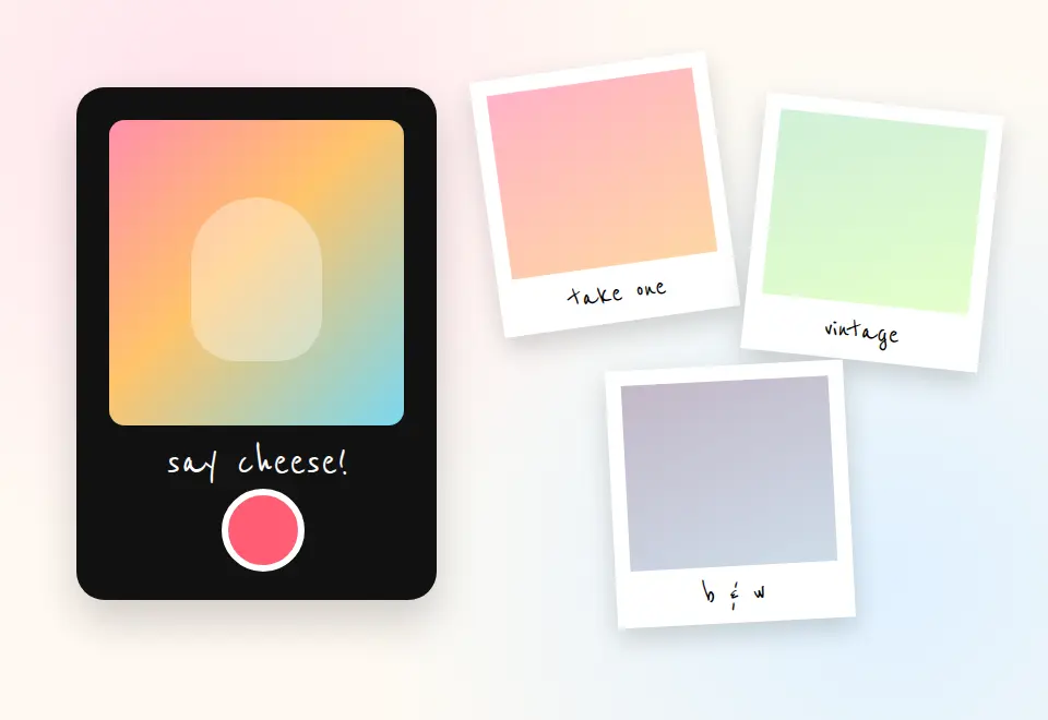 Illustration of a photobooth screen next to three polaroid prints captioned take one, vintage, and b & w